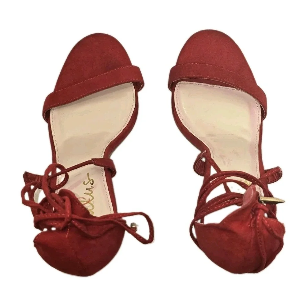 Lulus Red Lace Up Heels Size 8.5 Strappy Stiletto Sandals Faux Suede Women's